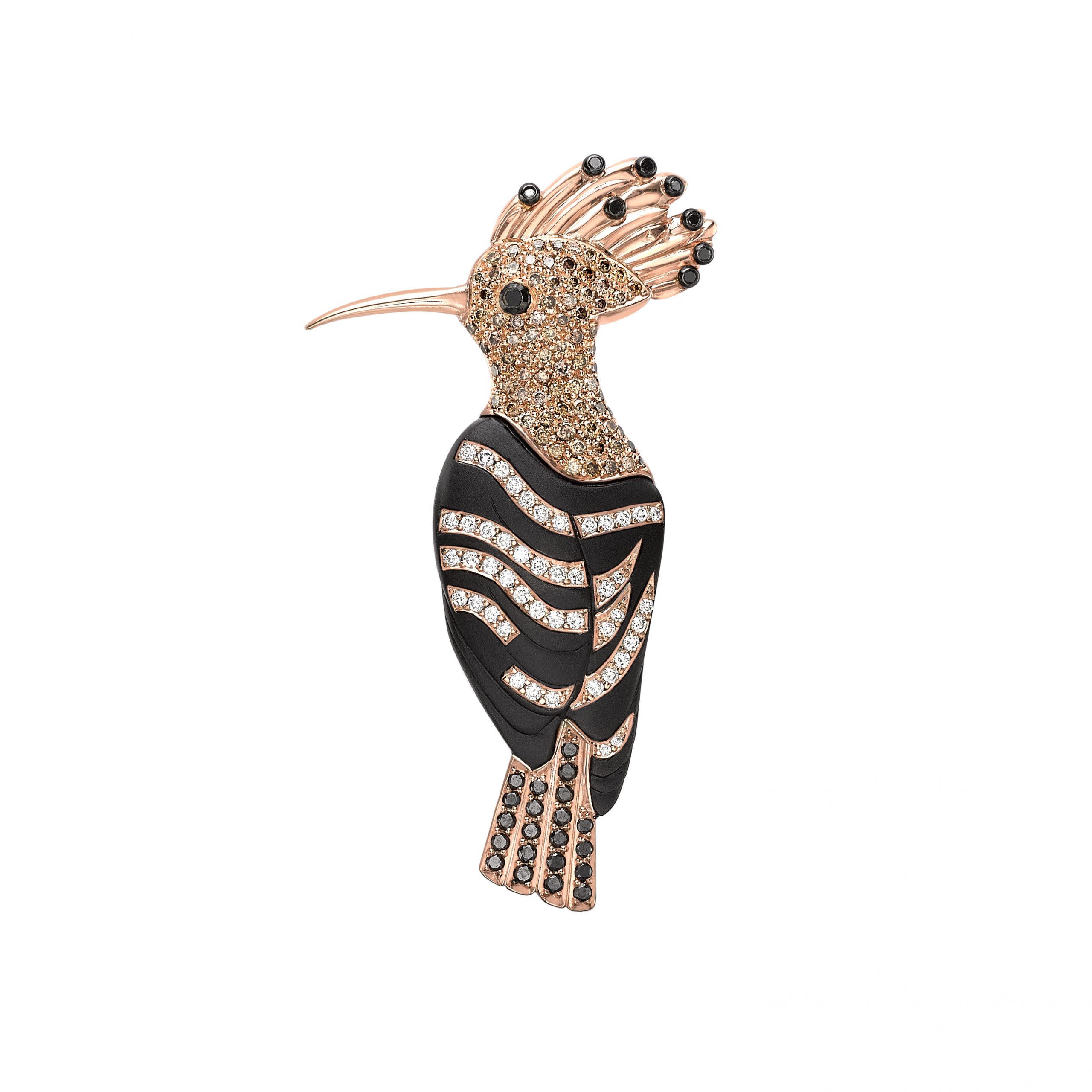 Black, White & Cognac Diamond Hoopoe Bird Brooch